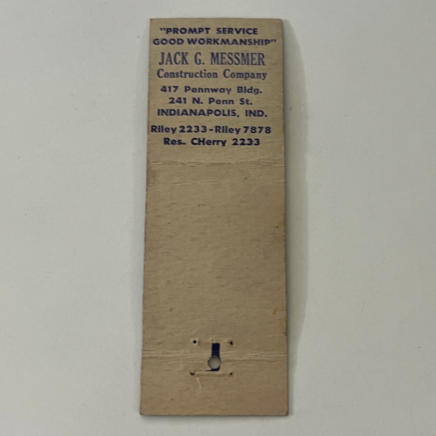 Jack G. Messmer Construction Co Indianapolis IN Vintage Matchbook Cover MB8-6