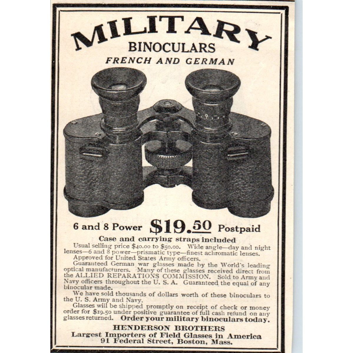 Military Binoculars Henderson Brothers Boston MA 1924 Magazine Ad AF2-A1