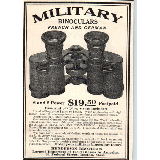 Military Binoculars Henderson Brothers Boston MA 1924 Magazine Ad AF2-A1