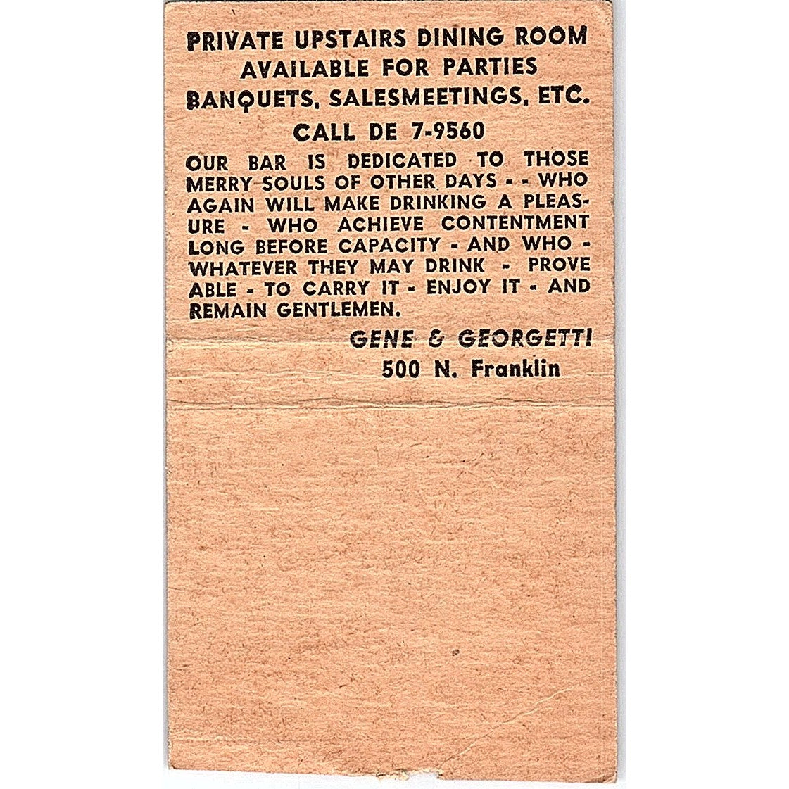 Gene & Georgetti Steaks 500 N. Franklin Chicago Vintage Matchbook Cover SC7-Y3