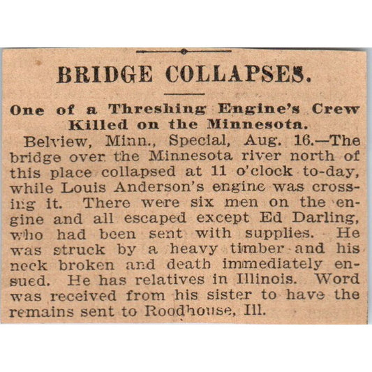 Belview MN Bridge over Minnesota River Collapses 1898 Newspaper Ad AF2-Q3