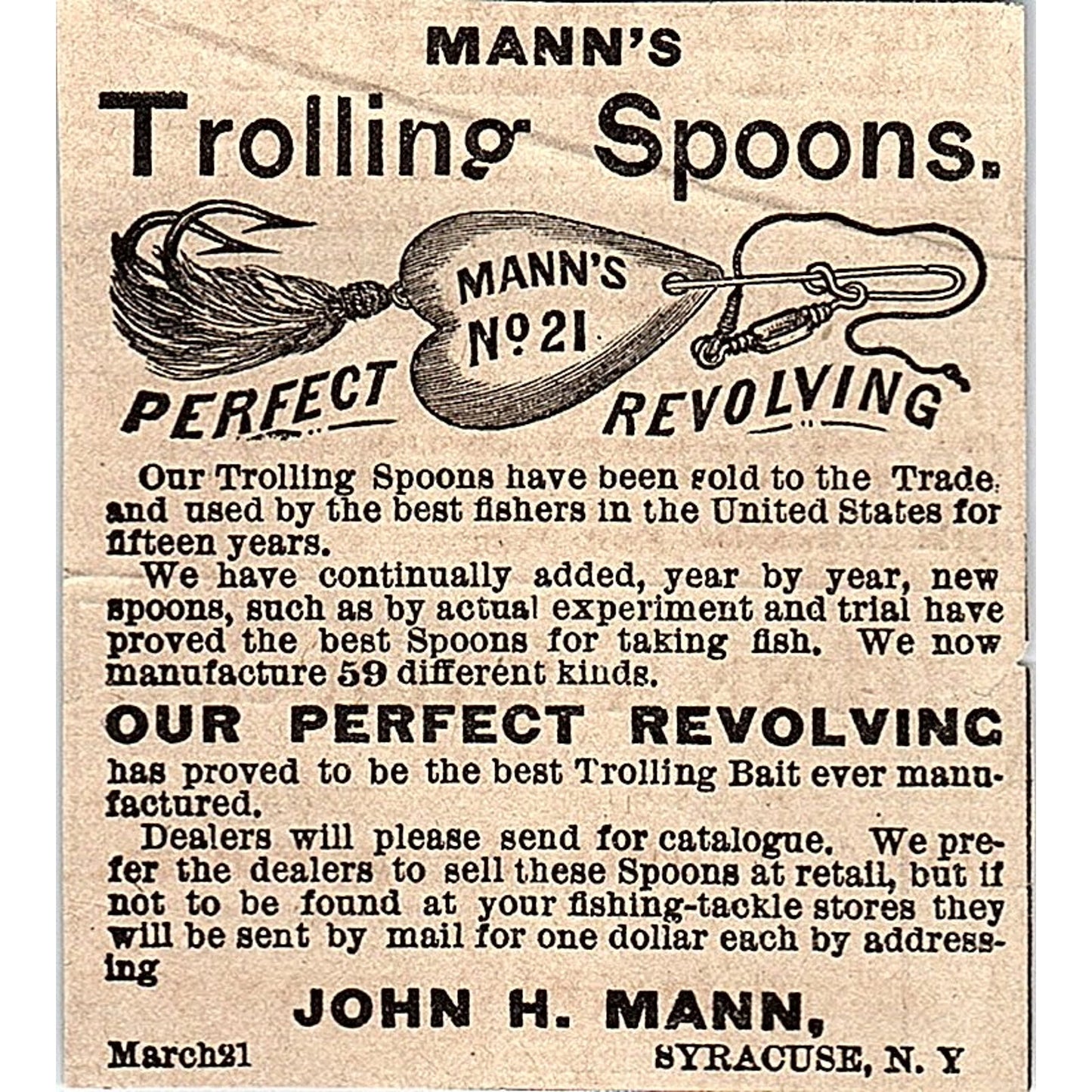 Mann's Trolling Spoons John H. Mann Syracuse NY Fishing Lures 1878 Ad AG2-M14
