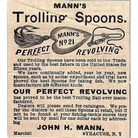 Mann's Trolling Spoons John H. Mann Syracuse NY Fishing Lures 1878 Ad AG2-M14