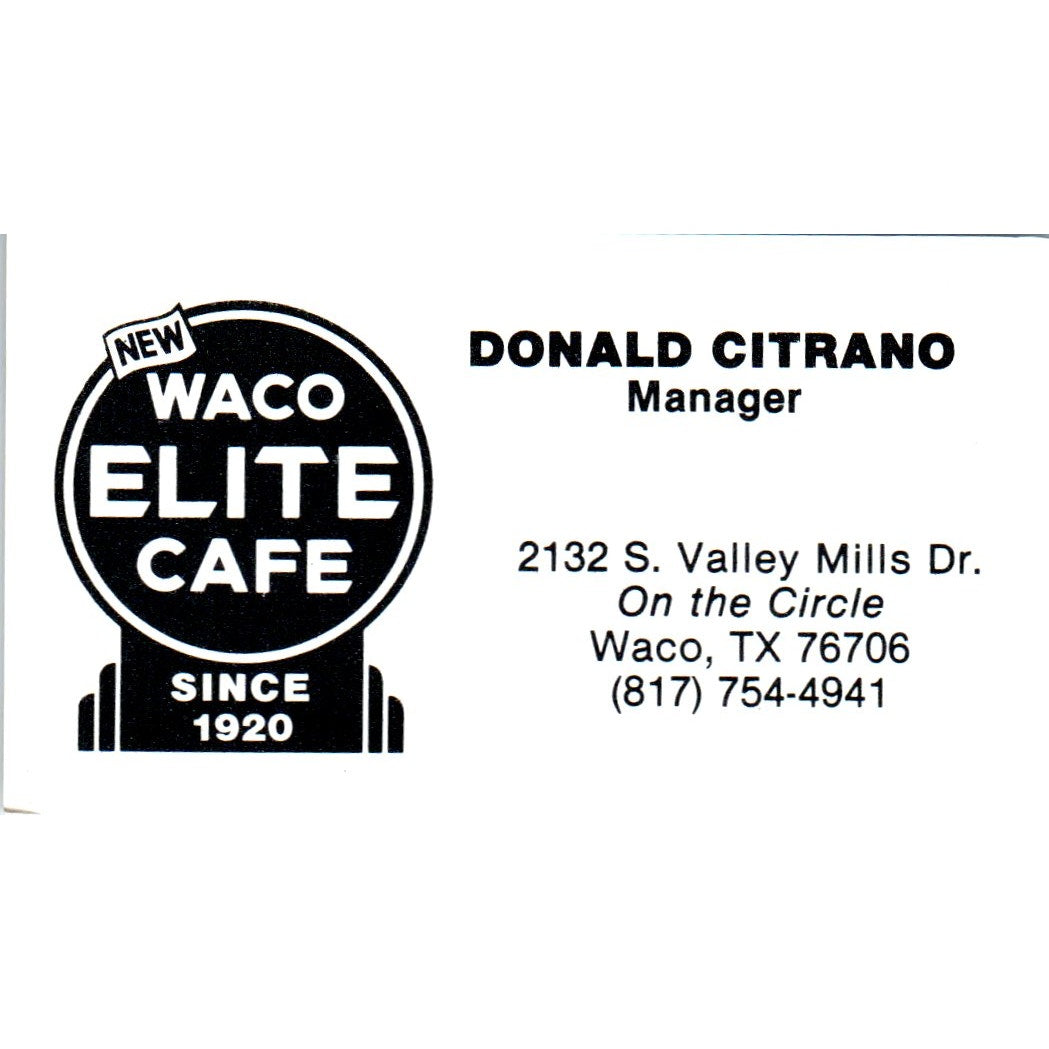 Donald Citrano Waco Elite Cafe TX Vintage Business Card SD8-B6