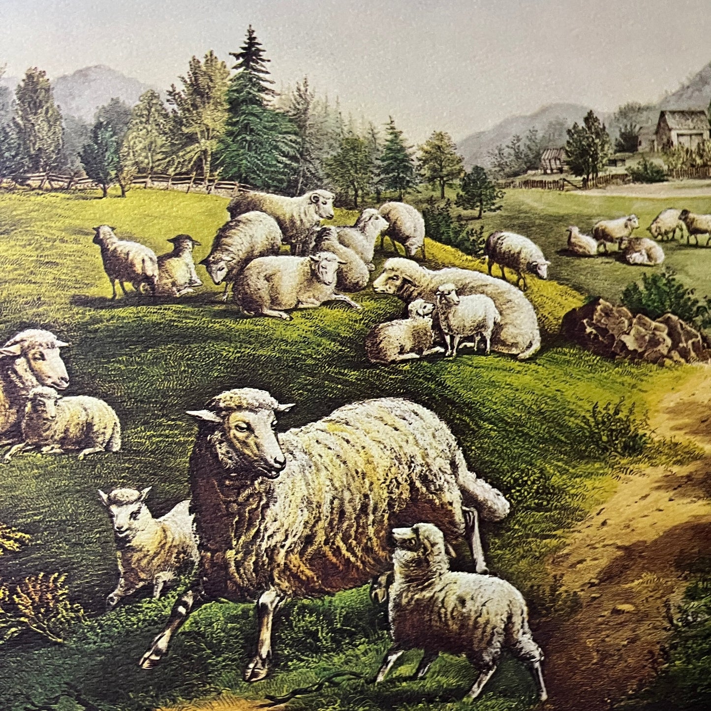 The Meadow in Springtime The Twin Lambs Currier & Ives Lithograph 12x16 V7
