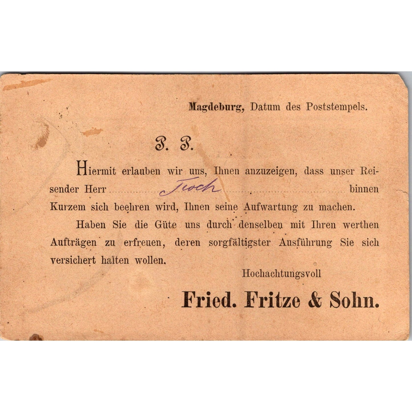 Fried. Fritze & Sohn Magdeburg 1887 German Reich Postcard TE2-GRP