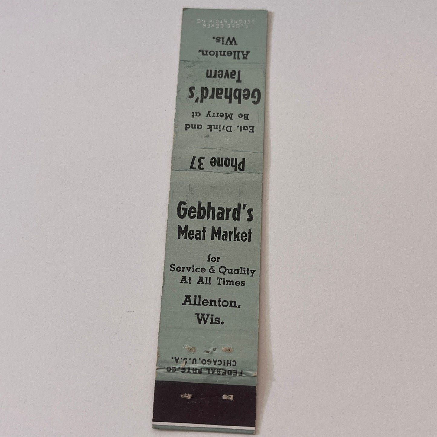 Gebhard's Tavern & Meat Market Allenton WI Vintage Matchbook TB6-MB2-9