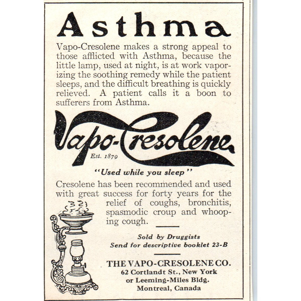 Vapo-Cresolene Co Asthma Remedy Montreal Canada 1924 Magazine Ad AF2-A1