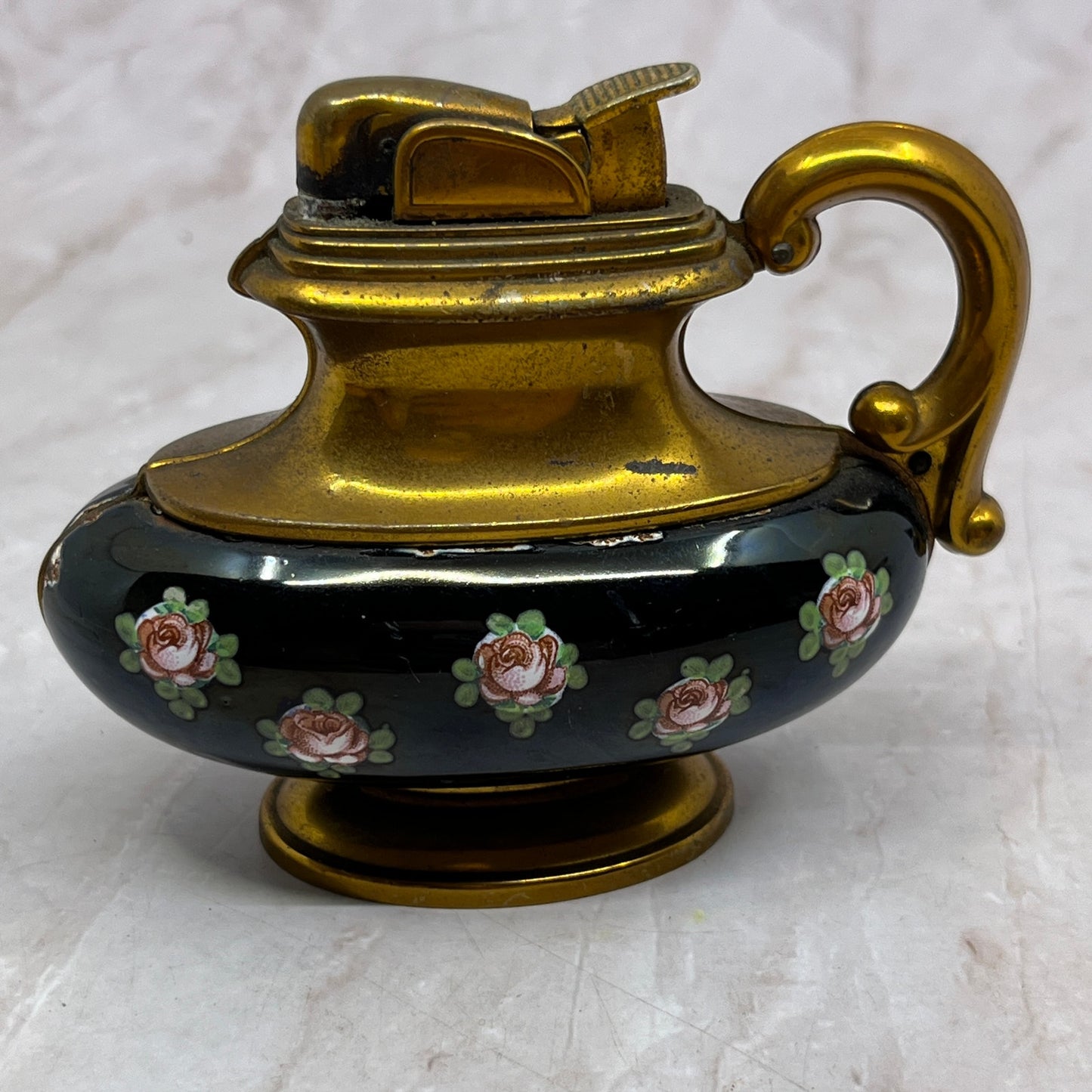 Vintage Evans Brass Black Enamel Floral Teapot Style Table Lighter TL6