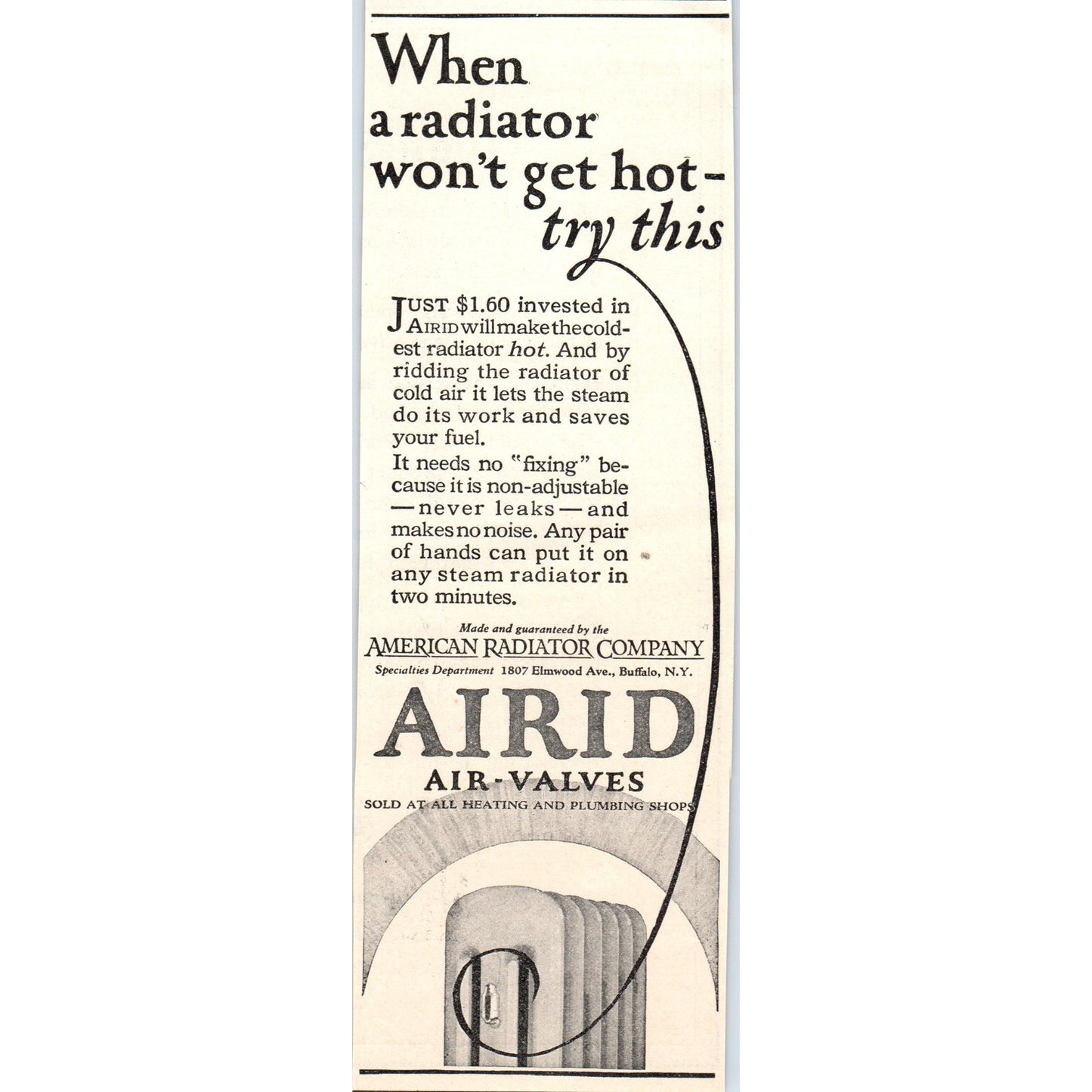 Airid Air Valves American Radiator Company Buffalo NY 1924 Magazine Ad AF2-A1