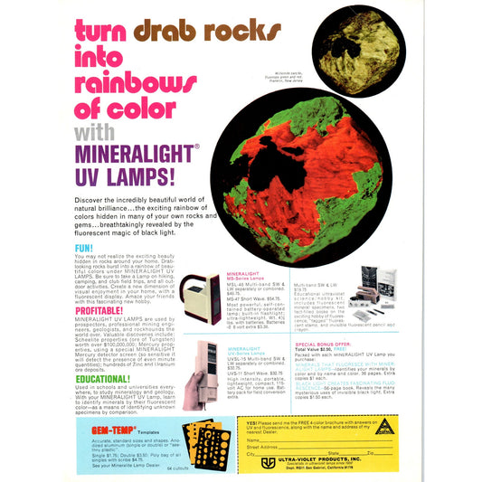 Ultra-Violet Products Inc Mineral UV Lamps San Gabriel CA 1971 Magazine Ad D23