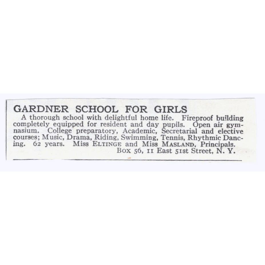 Gardner Girls School Miss Eltinge & Masland NY c1918 Advertisement AE5-SA7