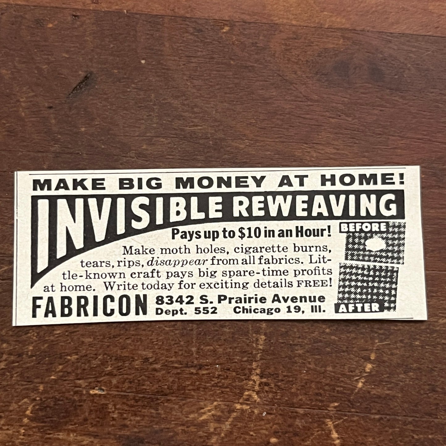 Fabricon Invisible Reweaving Chicago IL 1955 Ad AF9-S2