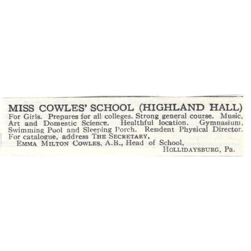Miss Cowles' School Hollidaysburg PA Emma Milton Cowles c1920 Harper’s Ad AG4-S2