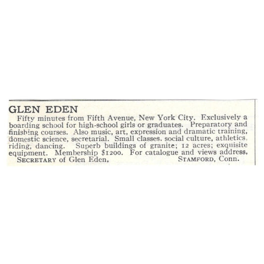 Glen Eden Girls Boarding School Stamford CT 1924 Magazine Ad AD8-O7