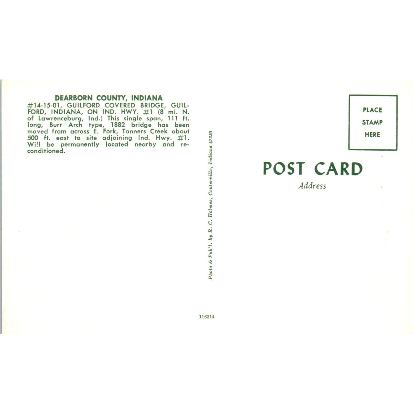 Dearborn County IN Guilford Covered Bridge Postcard PB10