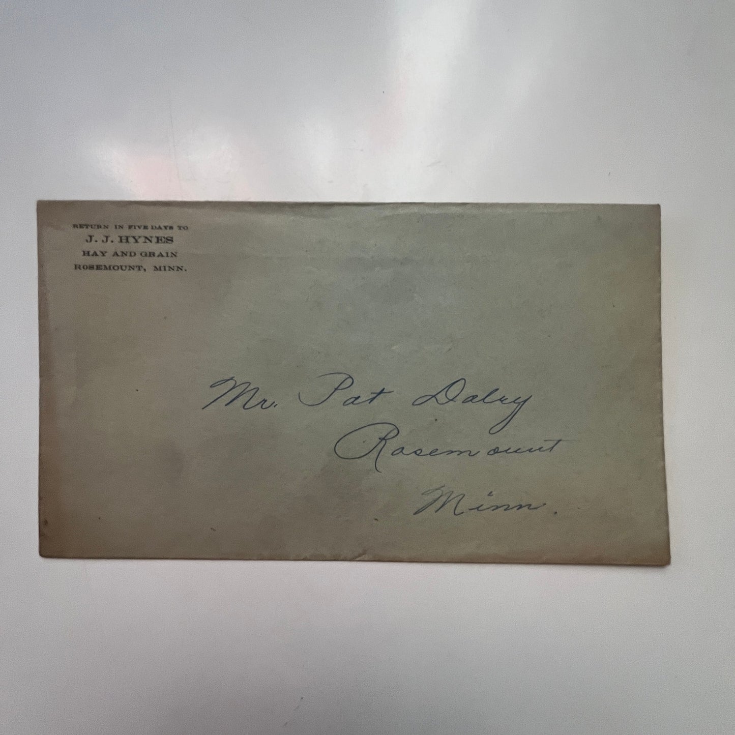 c1910 J.J. Hynes Hay and Grain Rosemount MN Envelope AJ4-H2