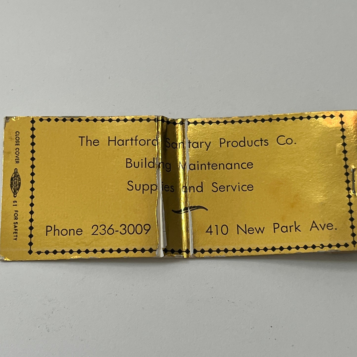 The Hartford Sanitary Products Co New Park Ave Vintage Matchbook Cover TB8-MB-8