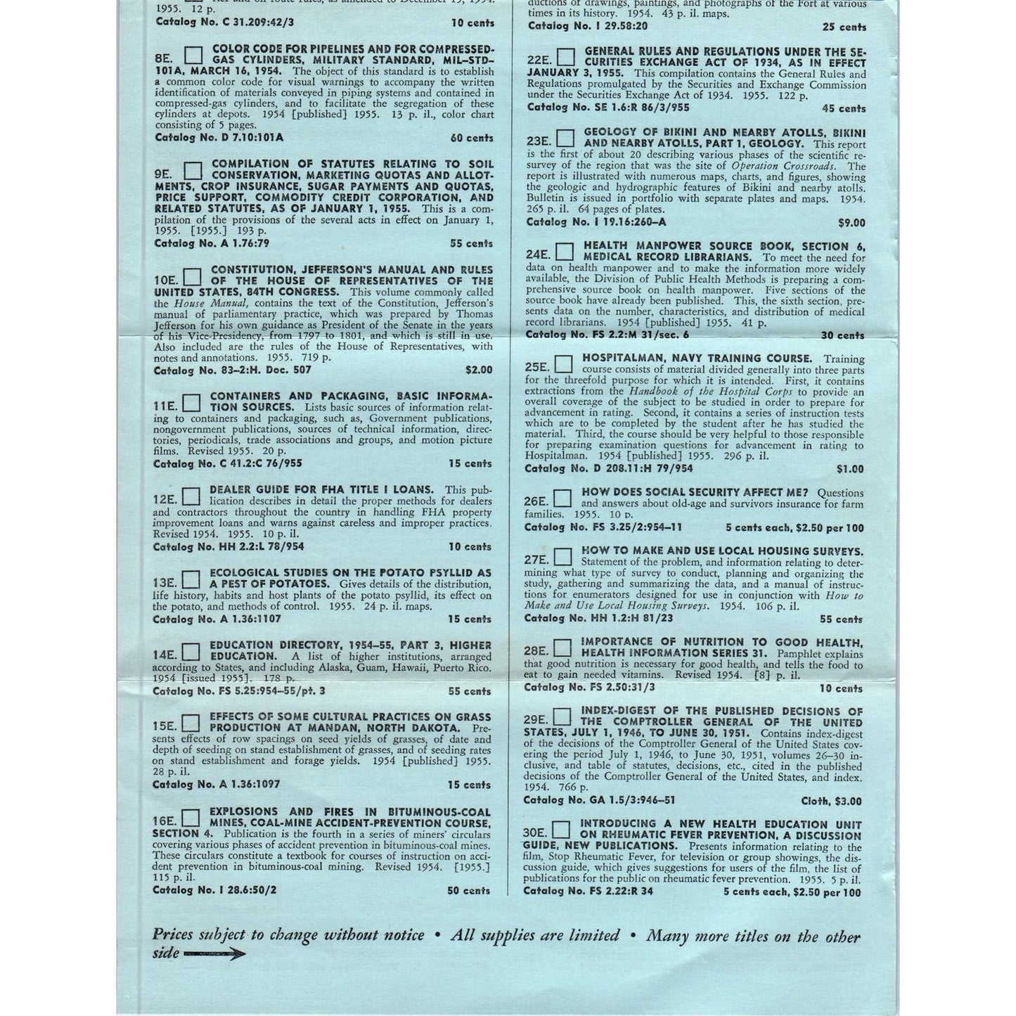 1955 Selected United States Government Publications Order Form AE4
