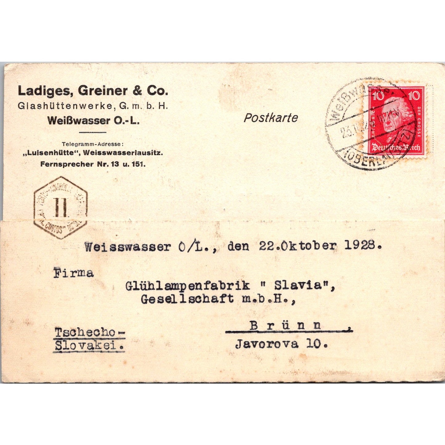 Ladiges, Greiner & Co Weißwasser O.L. 1928 German Reich Postcard TE2-GRP