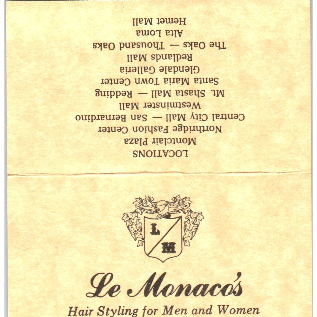 Le Monaco's Hair Styling Westminster CA Vintage Business Card SD8-B10