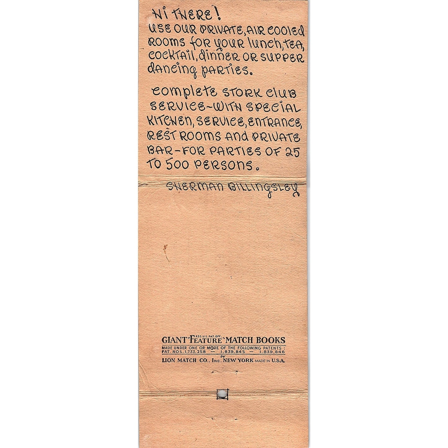 The Stork Club East 53rd St. New York Giant Matchbook Cover TH2-Y4