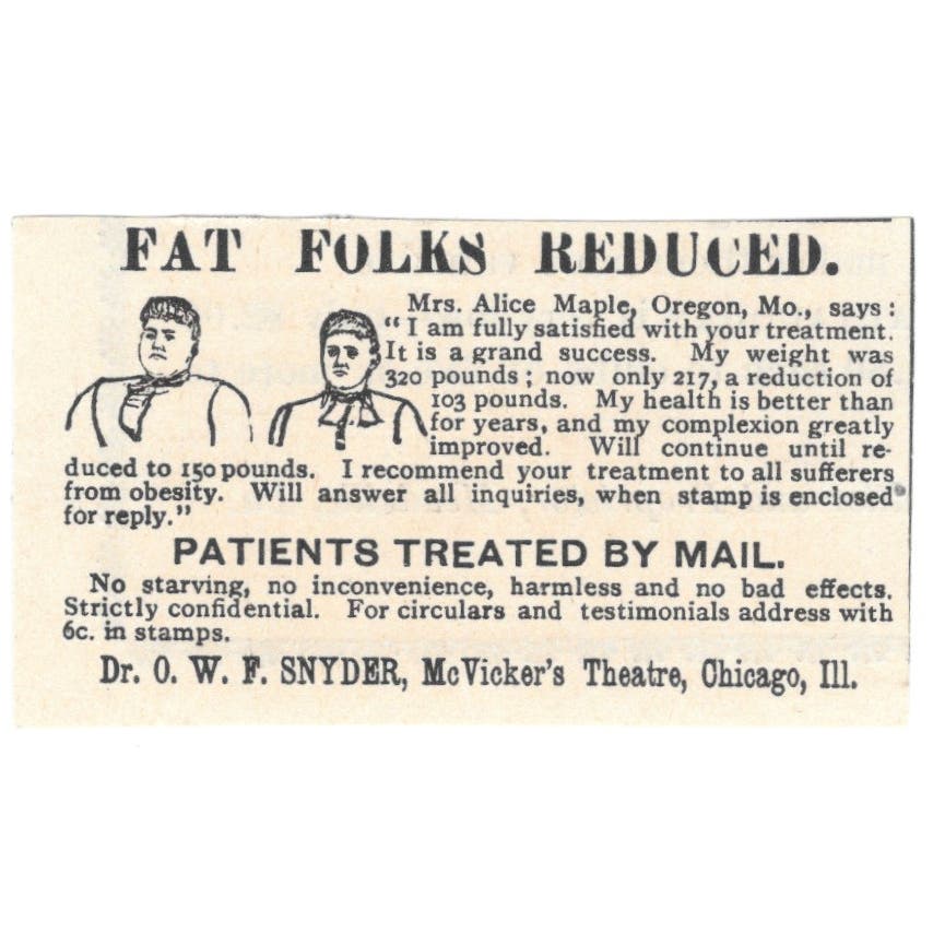 Fat Folks Reduced Weight Loss O.W.F. Snyder Chicago c1890 Victorian Ad AE9-CH1
