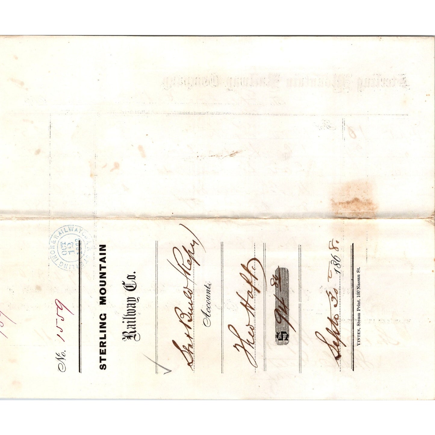 Sterling Mountain Railway Co Theodore Haff 1868 Billhead Receipt C15