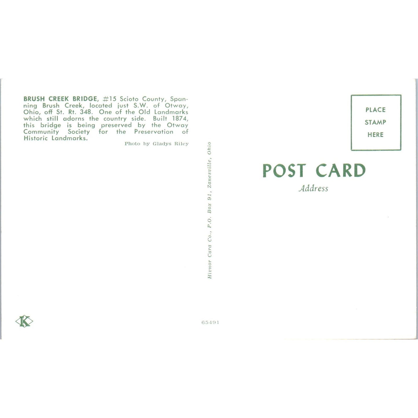 Scioto County 15 Brush Creek Otway OH Vintage Covered Bridge Postcard PC13