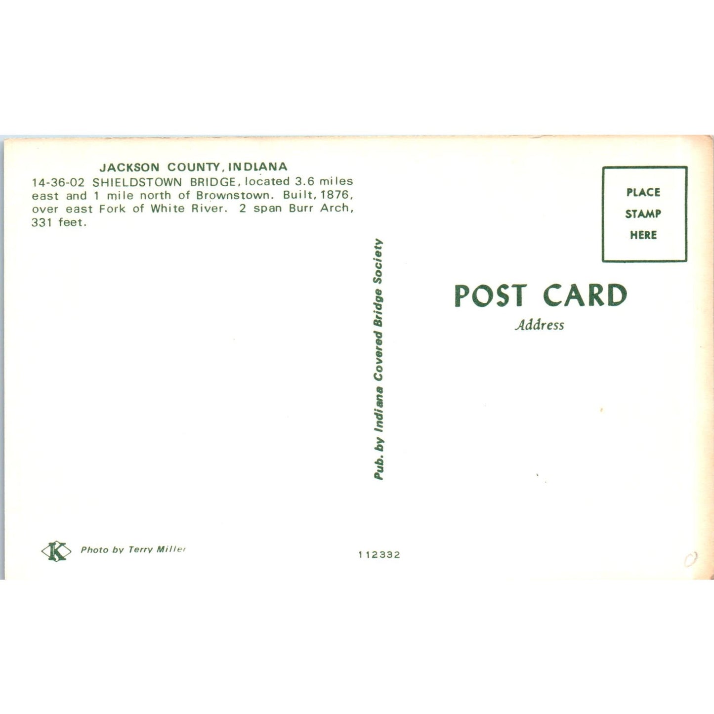 Shieldstown Bridge Brownstown White River IN Covered Bridge Postcard PC14