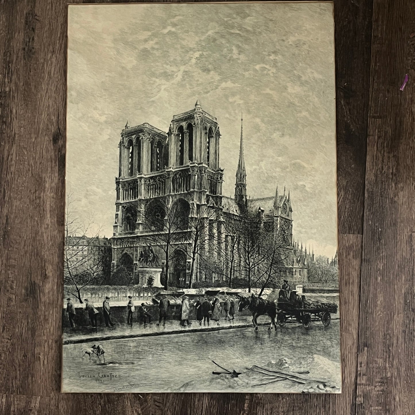Lucien Marcelin Gautier SIGNED Large Engraving 1921 "Notre Dame de Paris" 19x28"