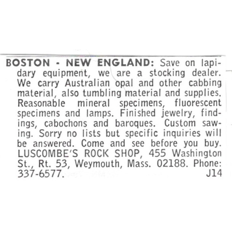 Luscombe's Rock Shop Weymouth Massachusetts 1972 Ad AF8-S14