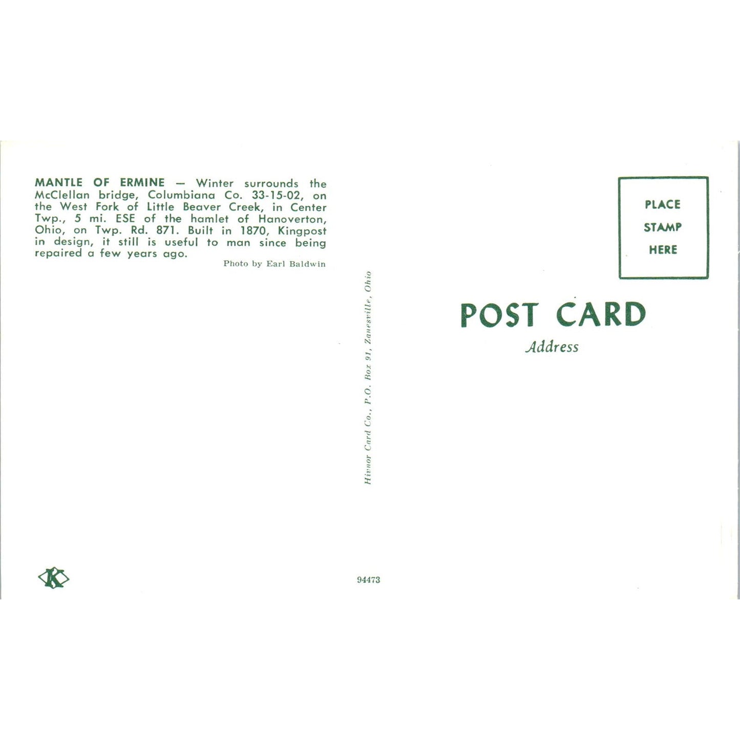 McClellan Bridge Columbiana Co Hanoverton OH Covered Bridge Postcard PC1