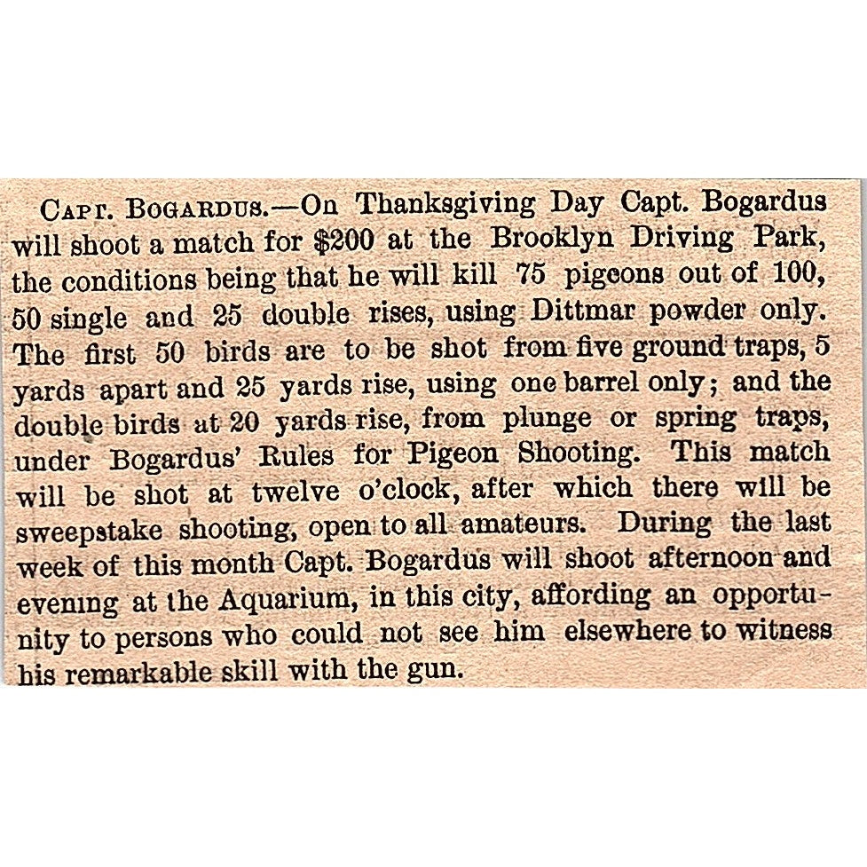 Capt. Bogardus Rifle Shooting Match at Brooklyn Driving Park 1878 Article AG2-M8