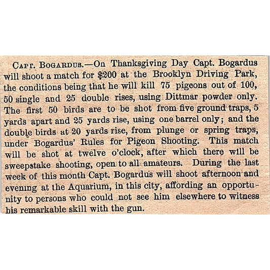 Capt. Bogardus Rifle Shooting Match at Brooklyn Driving Park 1878 Article AG2-M8