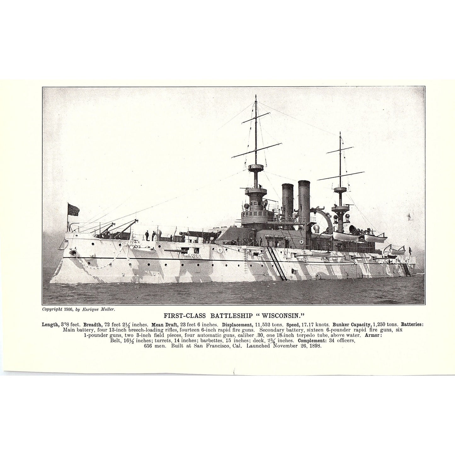 First Class Battleship Alabama & Wisconsin Double Sided 1910 Print AF6-20
