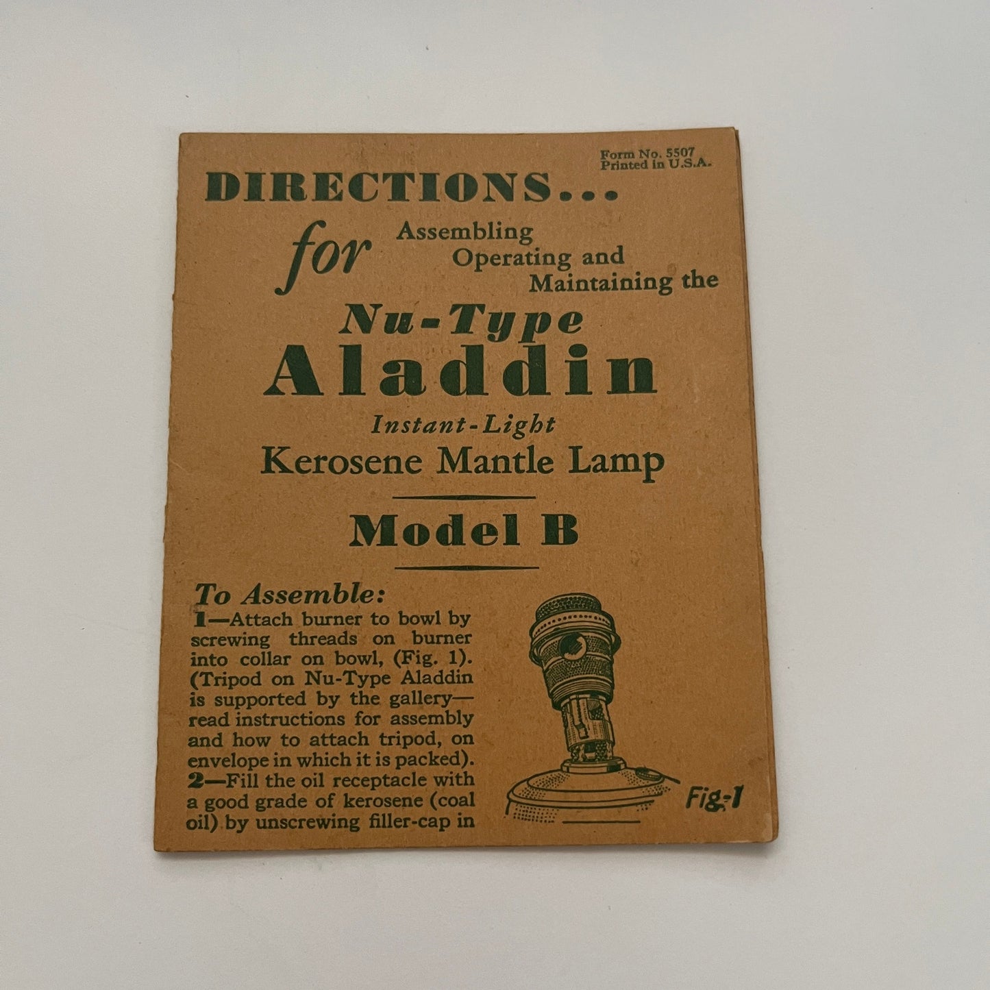 Nu-Type Aladdin Kerosene Mantle Lamp Model B Instruction Brochure AG5-M4