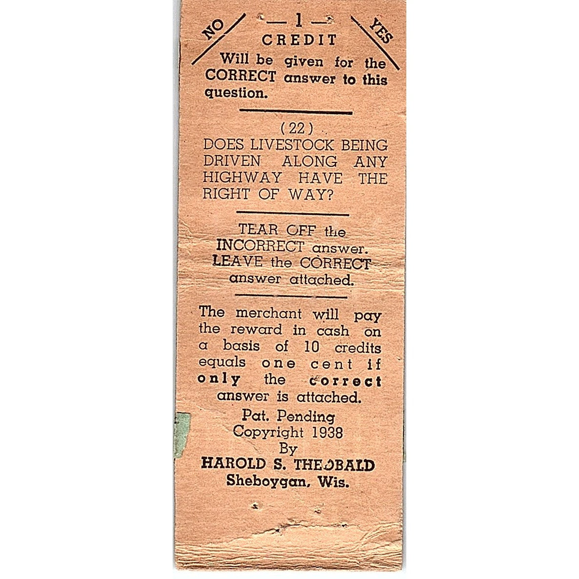 1938 Greenlite Motor Vehicle Info Harold S. Theobald Sheboygan Matchbook SF3-Y3