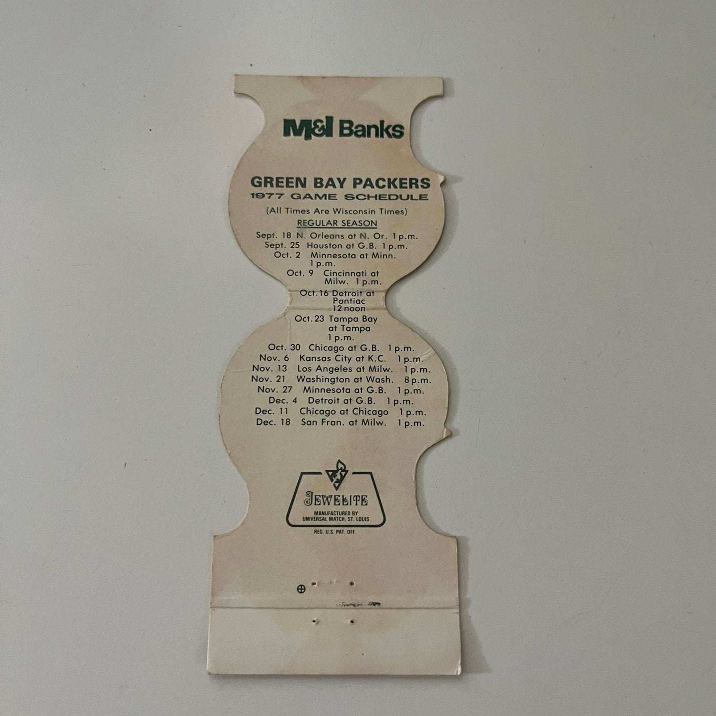 Green Bay Packers NFL M&I Banks 1977 Schedule Vintage Matchbook Cover SC4-R8