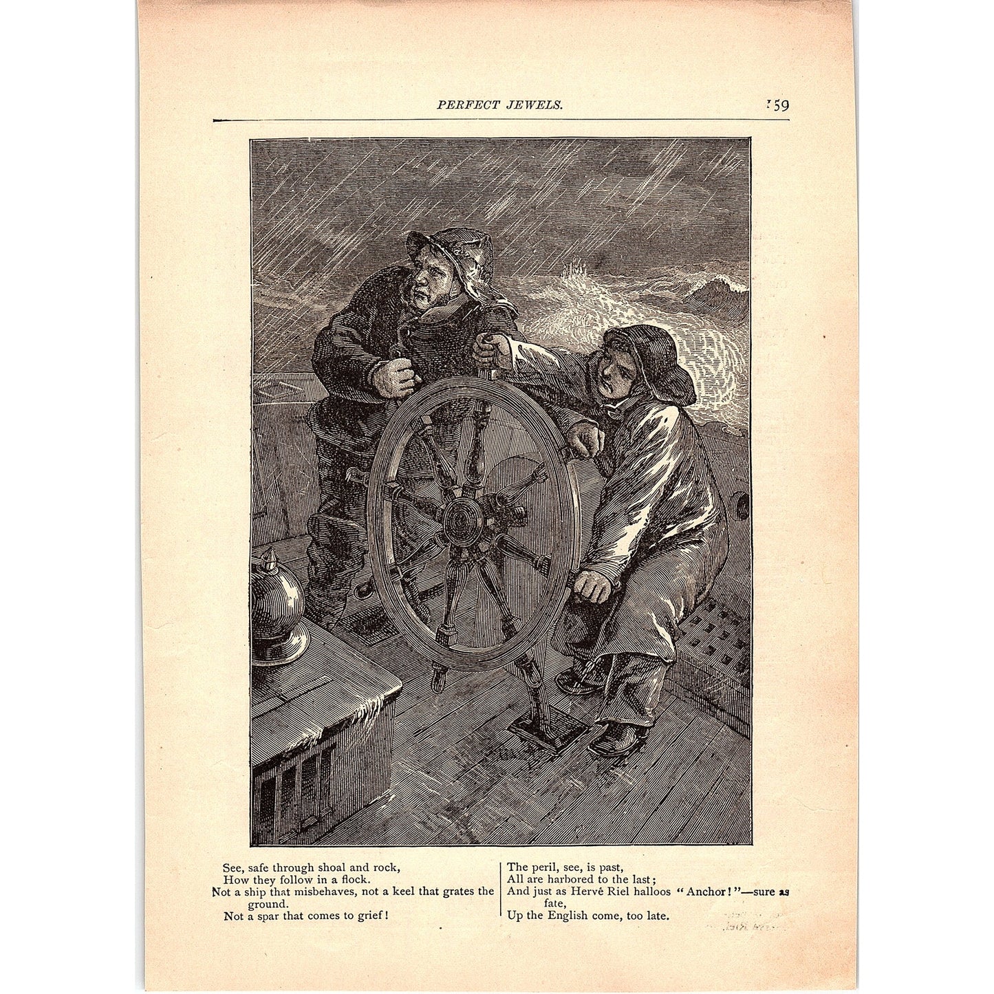 Sailors Steering Ship - Robert Browning Poem Hervé Riel 1884 Engraving TA5-CJ-1