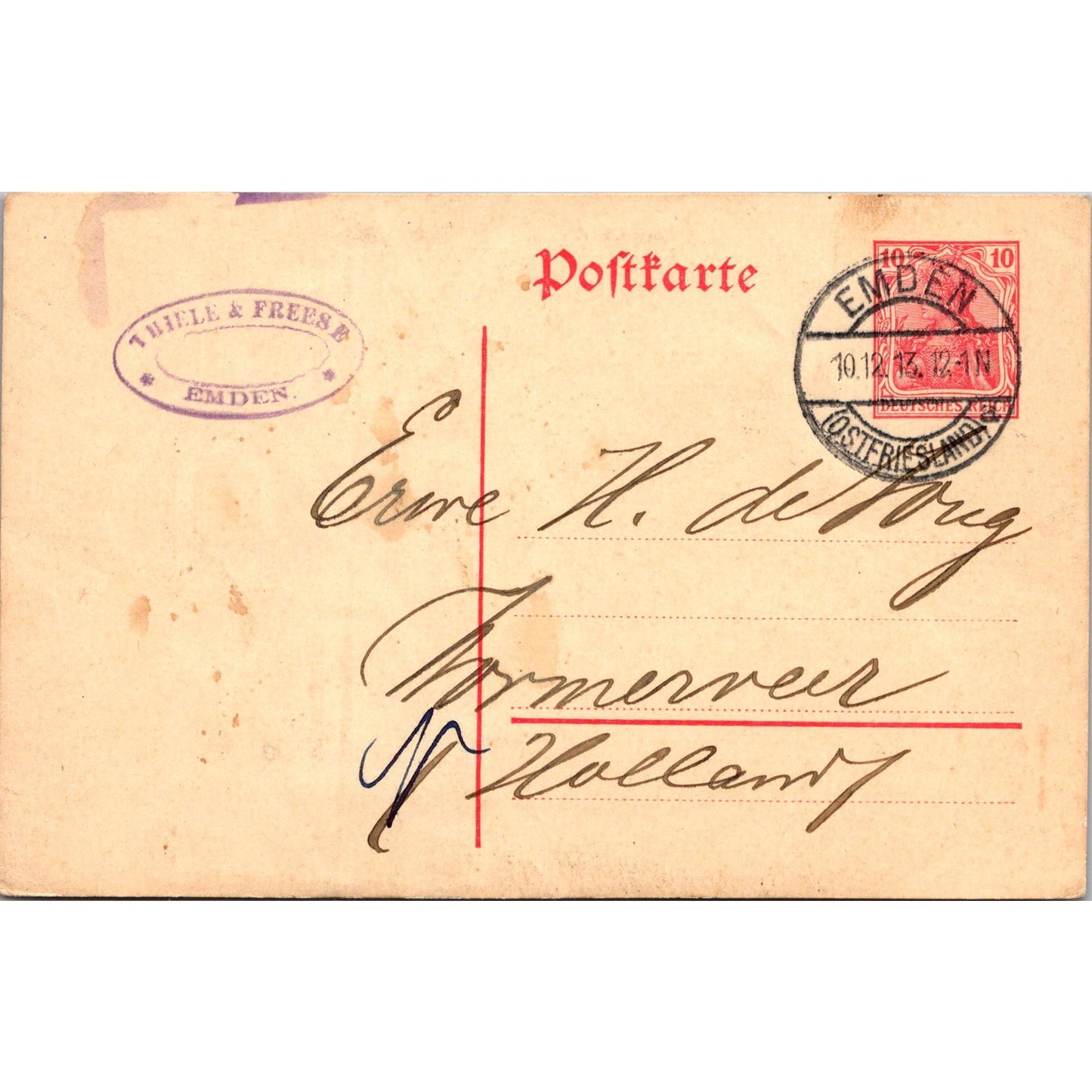 Thiele & Freese Emden 1913 German Reich Postcard TE2-GRP