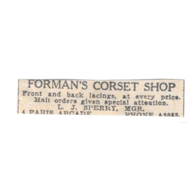 Forman's Corset Shop L.J. Sperry Winnipeg 1920 Ad AG2-S14