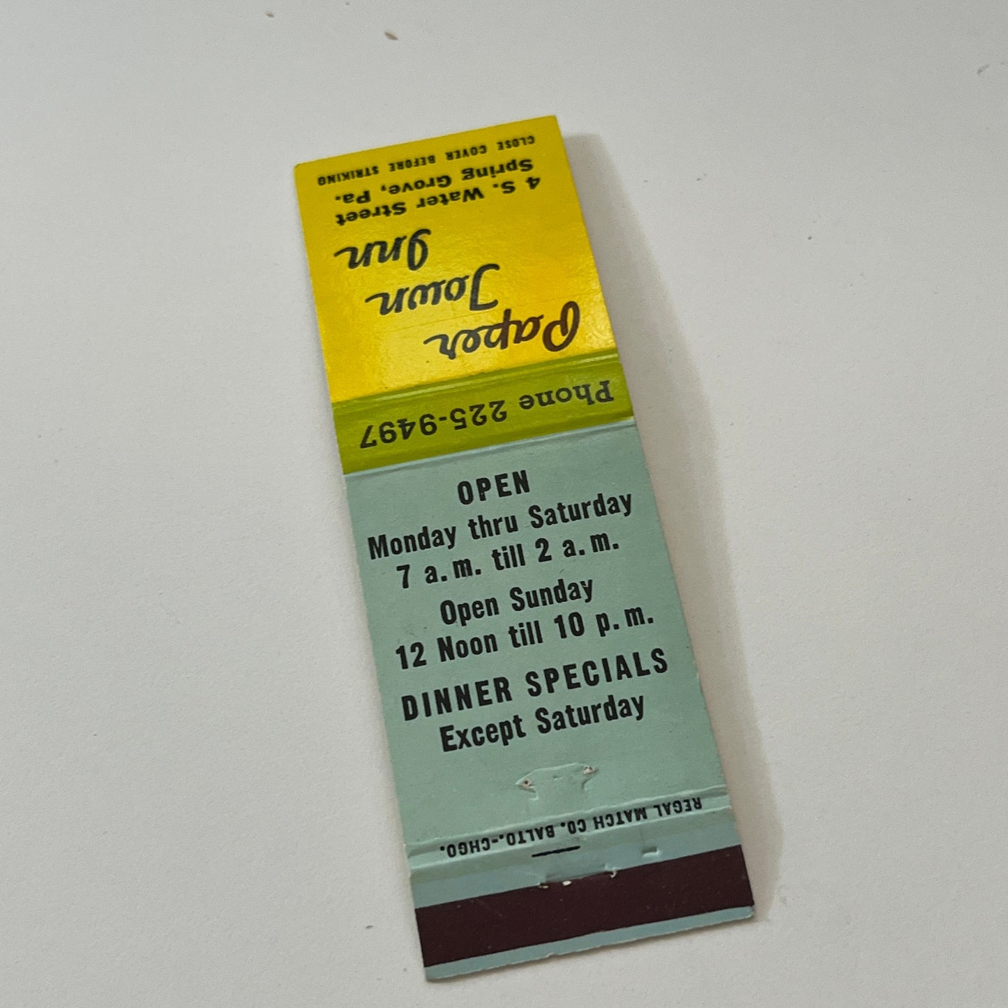 Paper Town Inn Spring Grove PA Vintage Matchbook Cover TB6-MB2-1