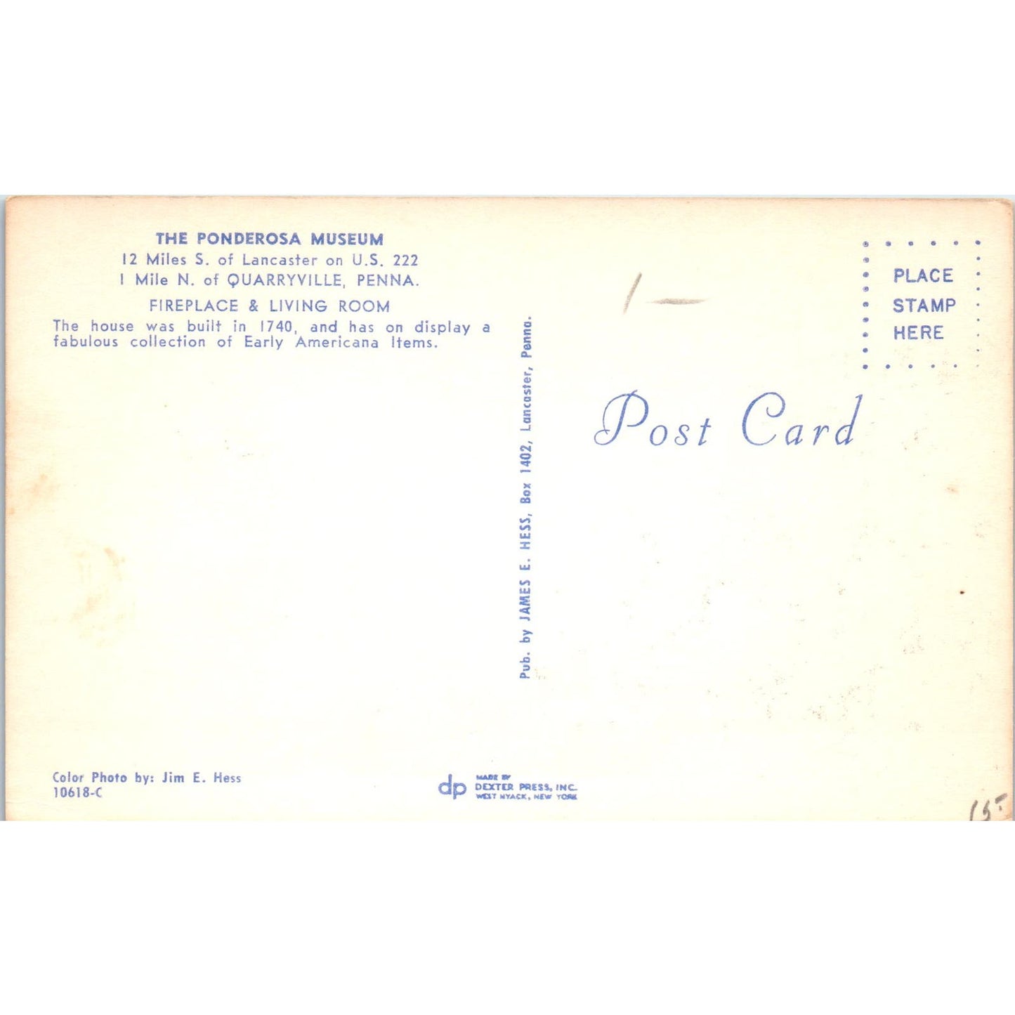 The Ponderosa Museum Living Room Quarryville PA Dutch Country Postcard PD8