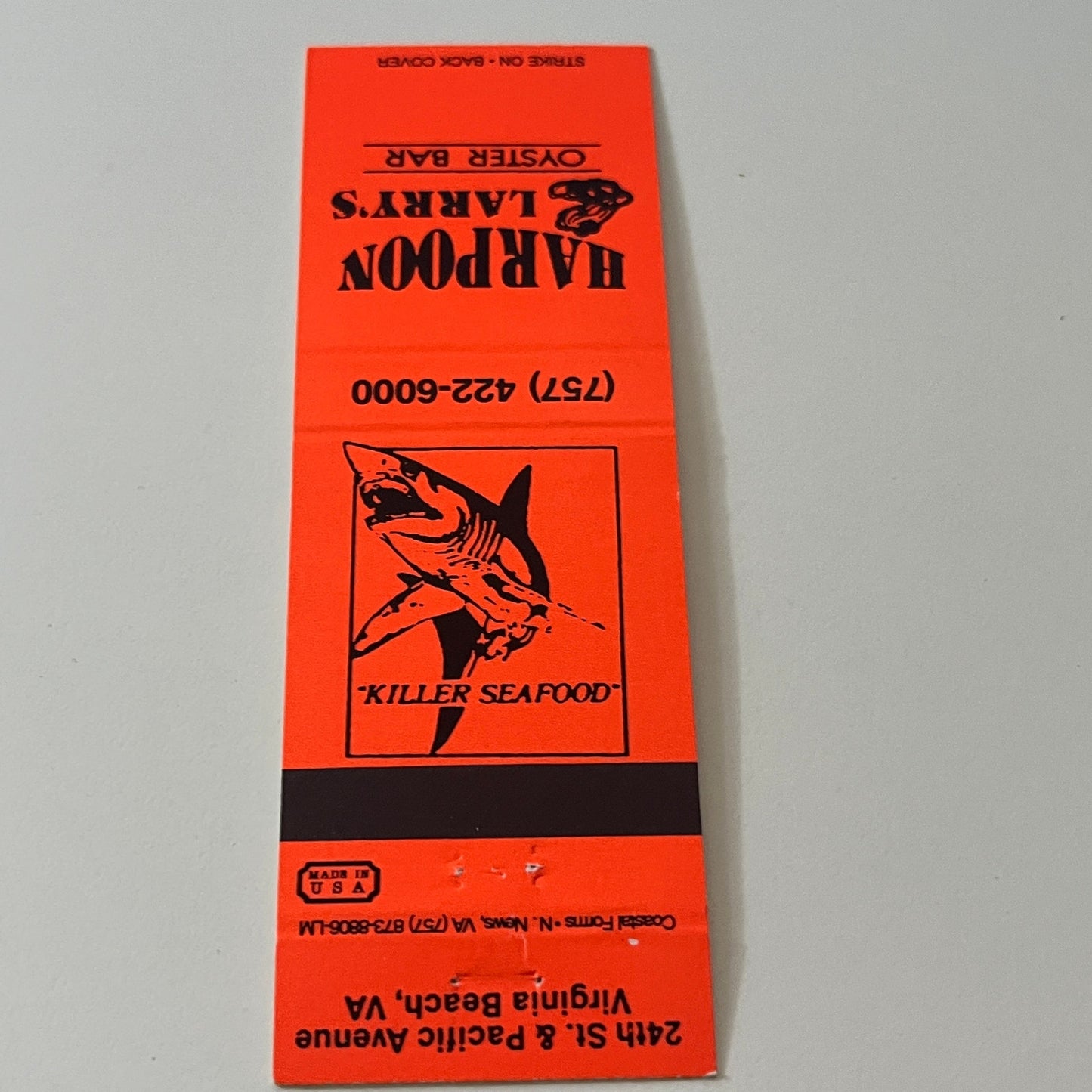 Harpoon Larry's Oyster Bar Virginia Beach VA Vintage Matchbook Cover TB6-MB2-5