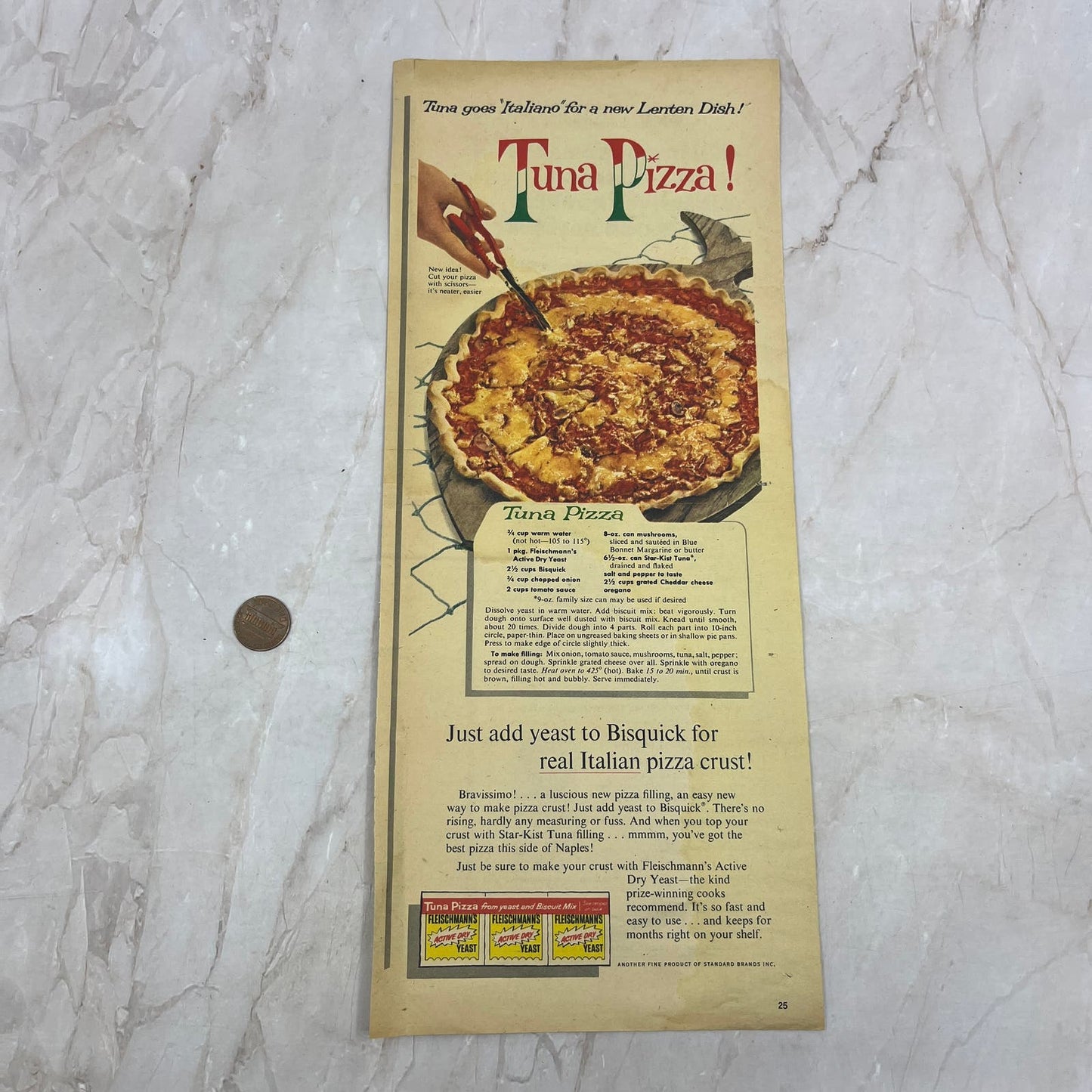 Tuna Pizza Recipe Fleischmanns Yeast 4.5x12 Vintage Magazine Advertisement FL6-6
