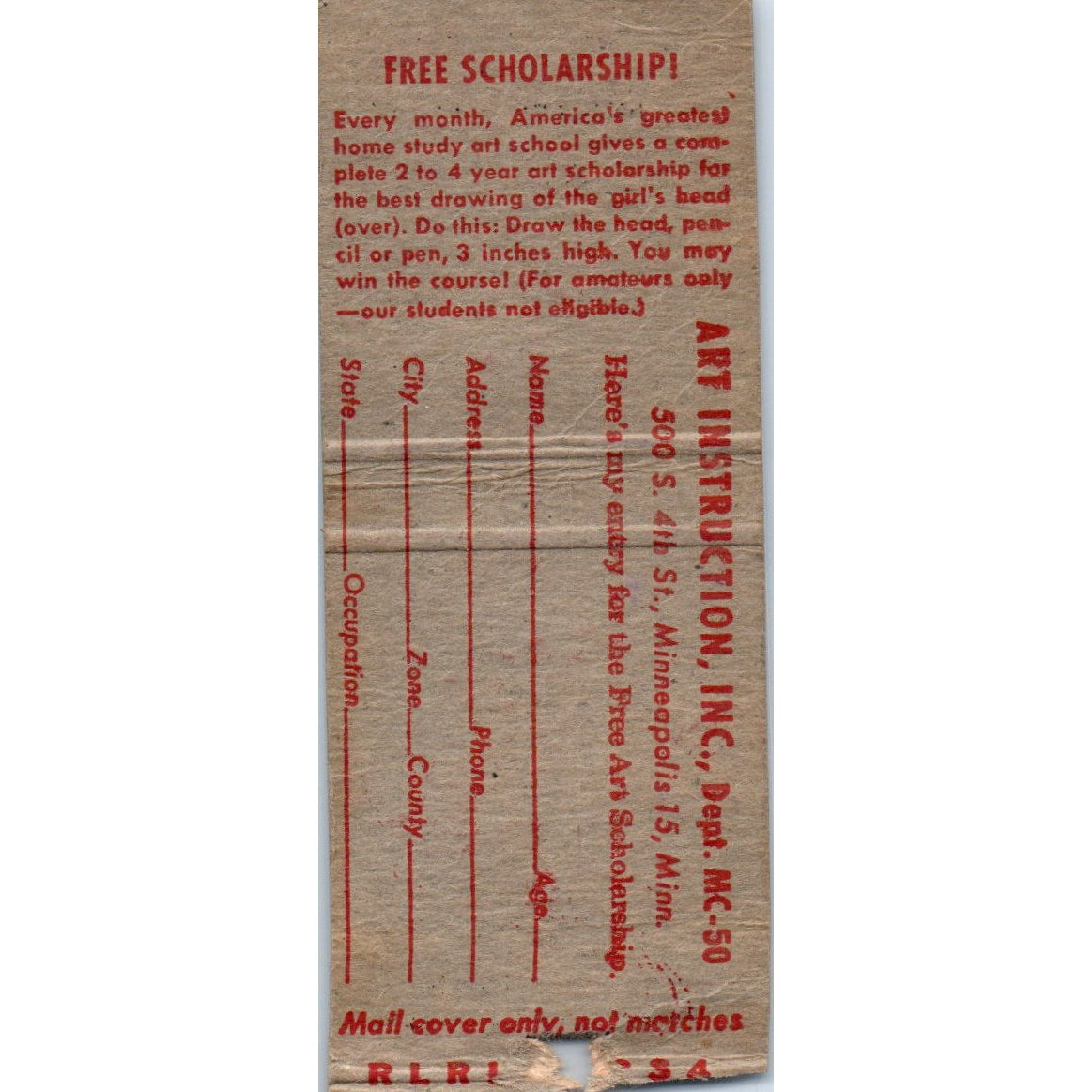 Learn to Draw Art Instruction Inc Minneapolis Vintage Matchbook Cover SD2-Y1