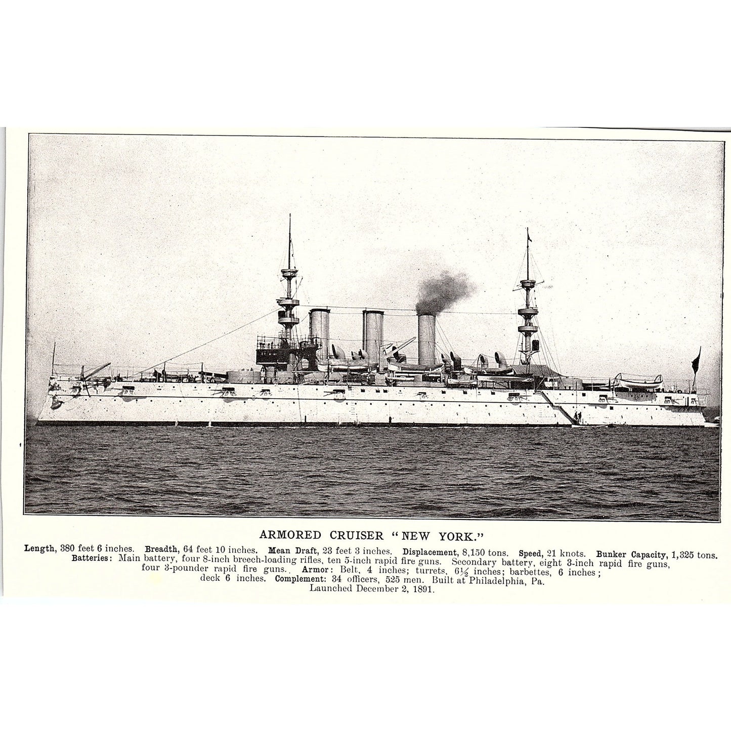 Armored Cruiser West Virginia & New York Double Sided 1910 Print AF6-19