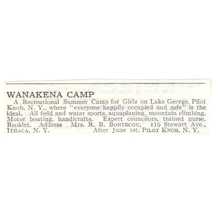 Wanakena Camp Lake George Pilot Knob NY R.B Bontecou c1918 Advertisement AE5-SA4