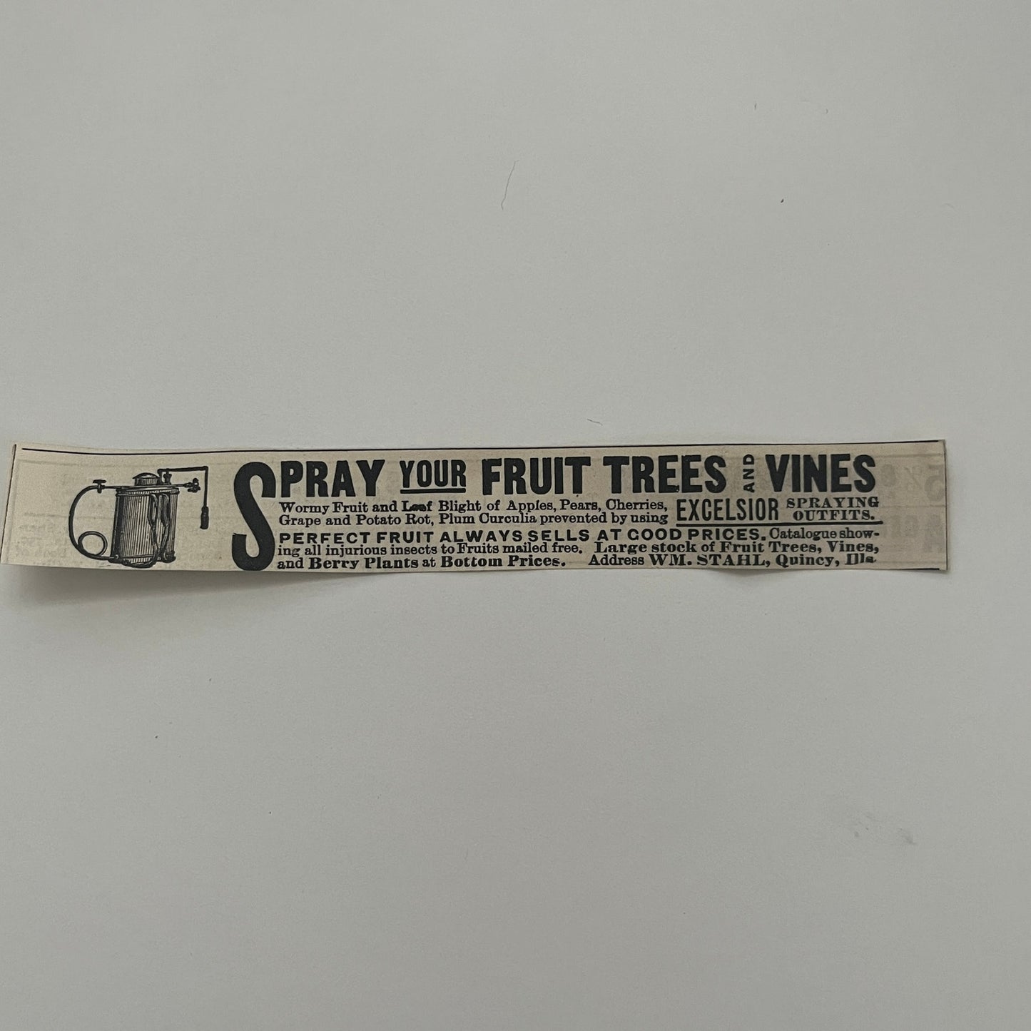 W.M. Stahl Fruit Tree and Vine Sprayer Quincy IL 1892 Ad AG2-7